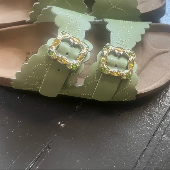 Betula Green Scalloped Slide Sandals with Gem Buckles - Picture 3 of 6